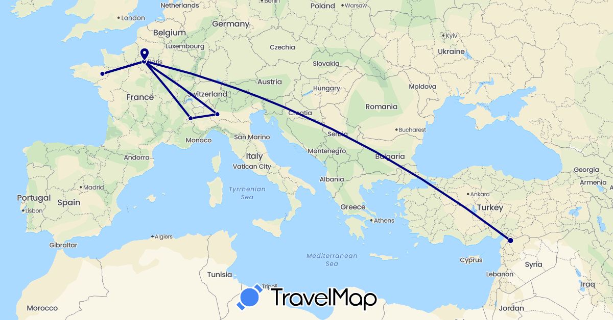TravelMap itinerary: driving in France, Italy, Syria (Asia, Europe)